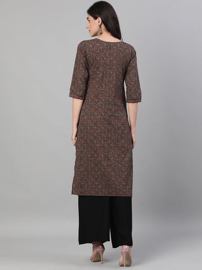 Women's Brown Calf Length Three-Quarter Sleeves Straight Ethnic Motif Printed Cotton Kurta With Pockets And Face Mask
