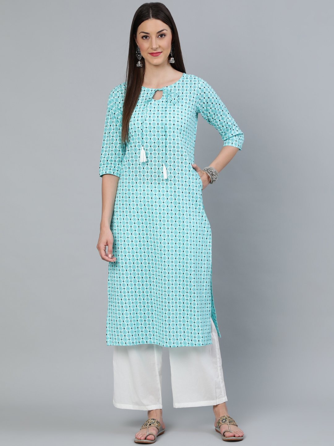 Women's Aqua Blue Geometric Printed Straight Kurta With Three Quarters Sleeves