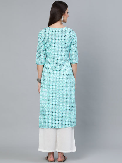 Women's Aqua Blue Geometric Printed Straight Kurta With Three Quarters Sleeves