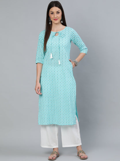Women's Aqua Blue Geometric Printed Straight Kurta With Off White Plazo