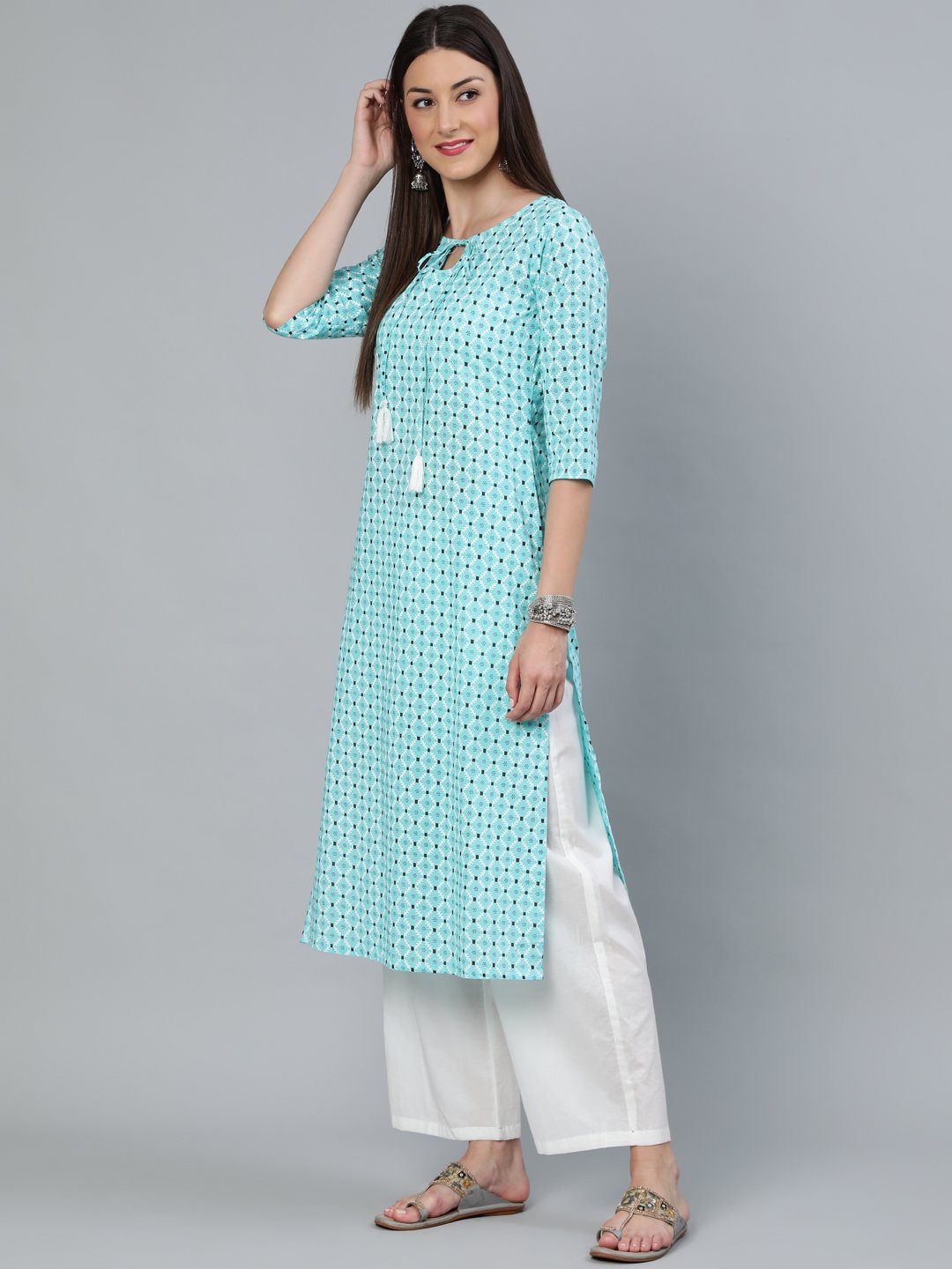Women's Aqua Blue Geometric Printed Straight Kurta With Off White Plazo