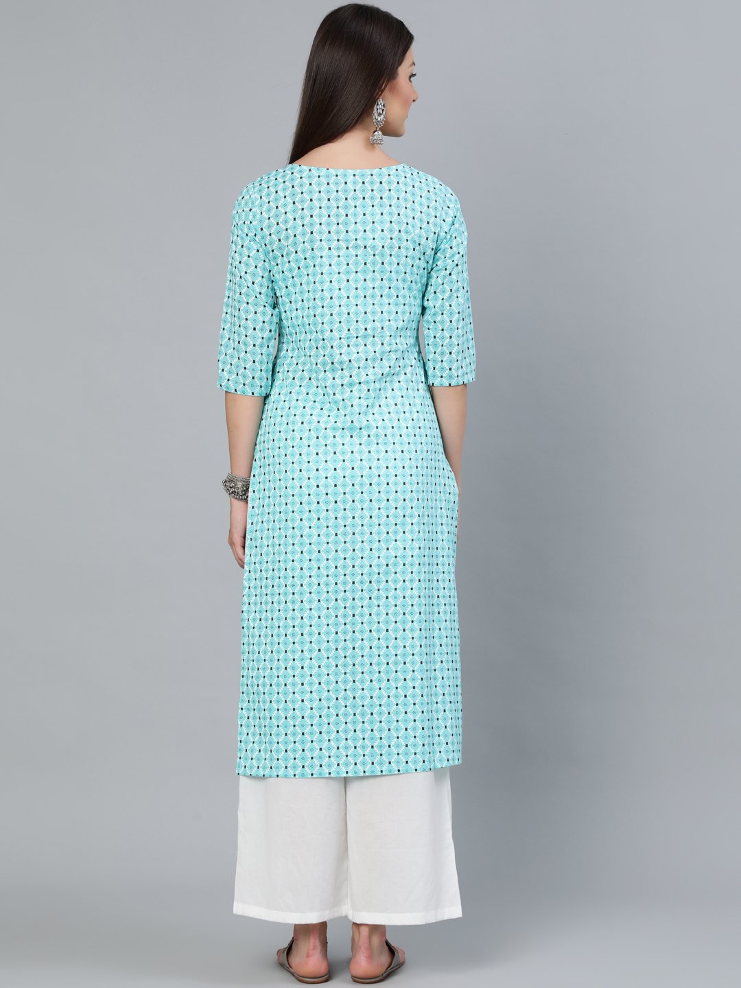 Women's Aqua Blue Geometric Printed Straight Kurta With Off White Plazo