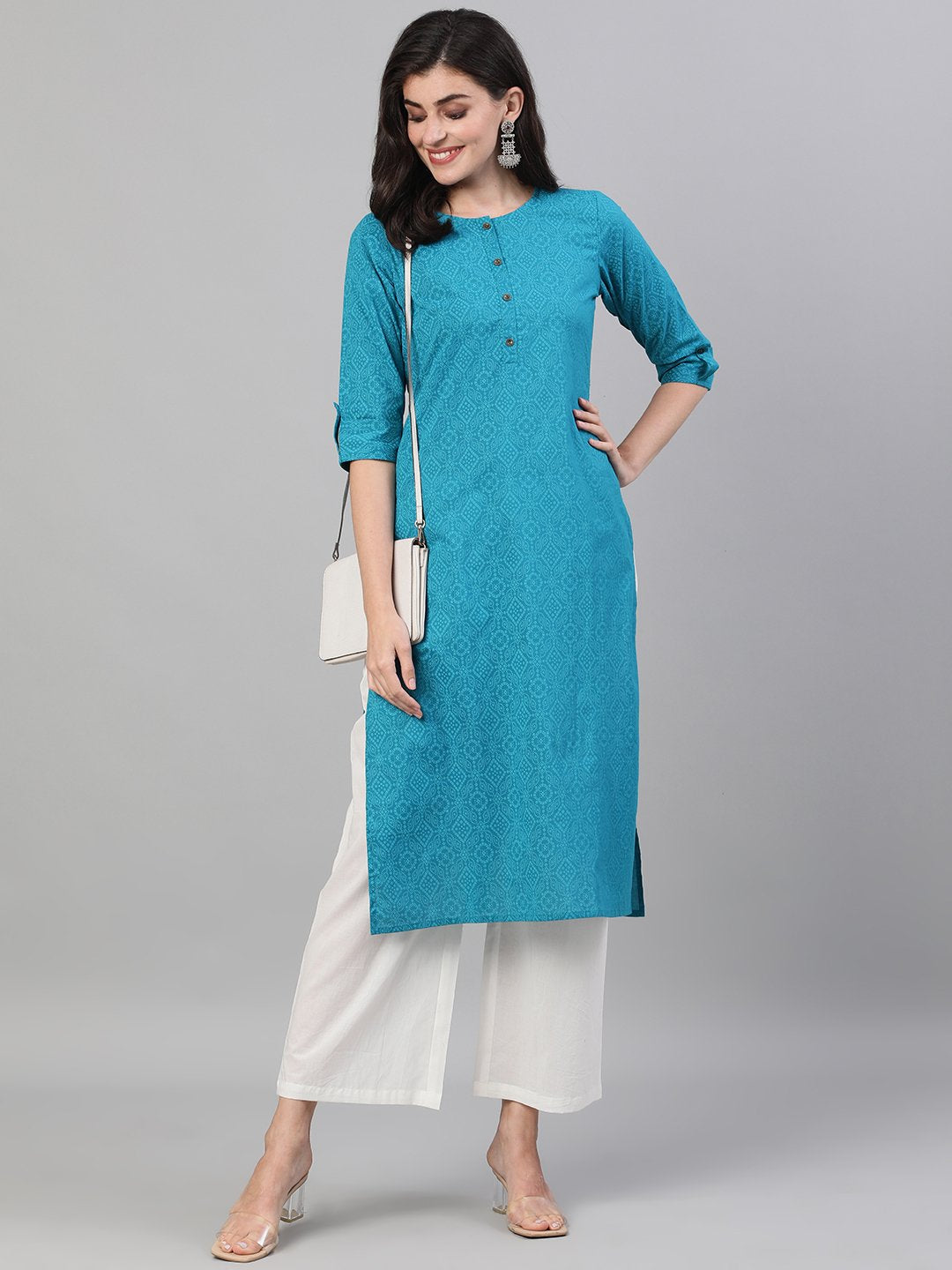 Women's Firozi Calf Length Three-Quarter Sleeves Straight Bandhani Printed Cotton Kurta With Pocket