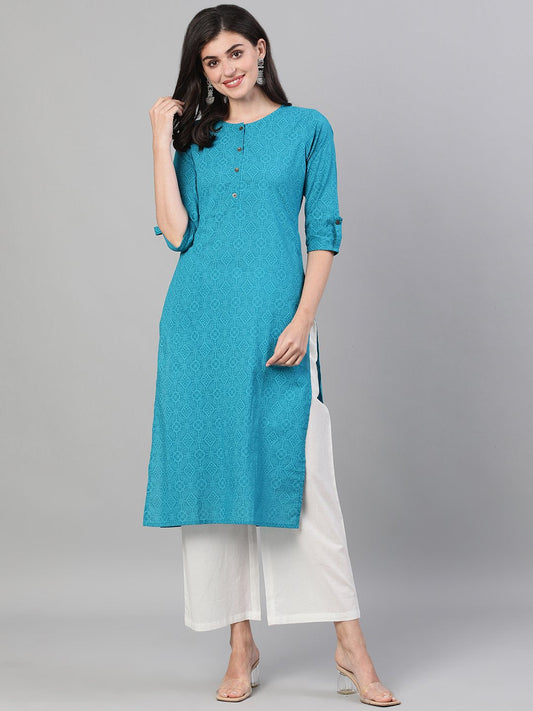 Women's Firozi Three-Quarter Sleeves Straight Kurta With Palazzo With Pockets