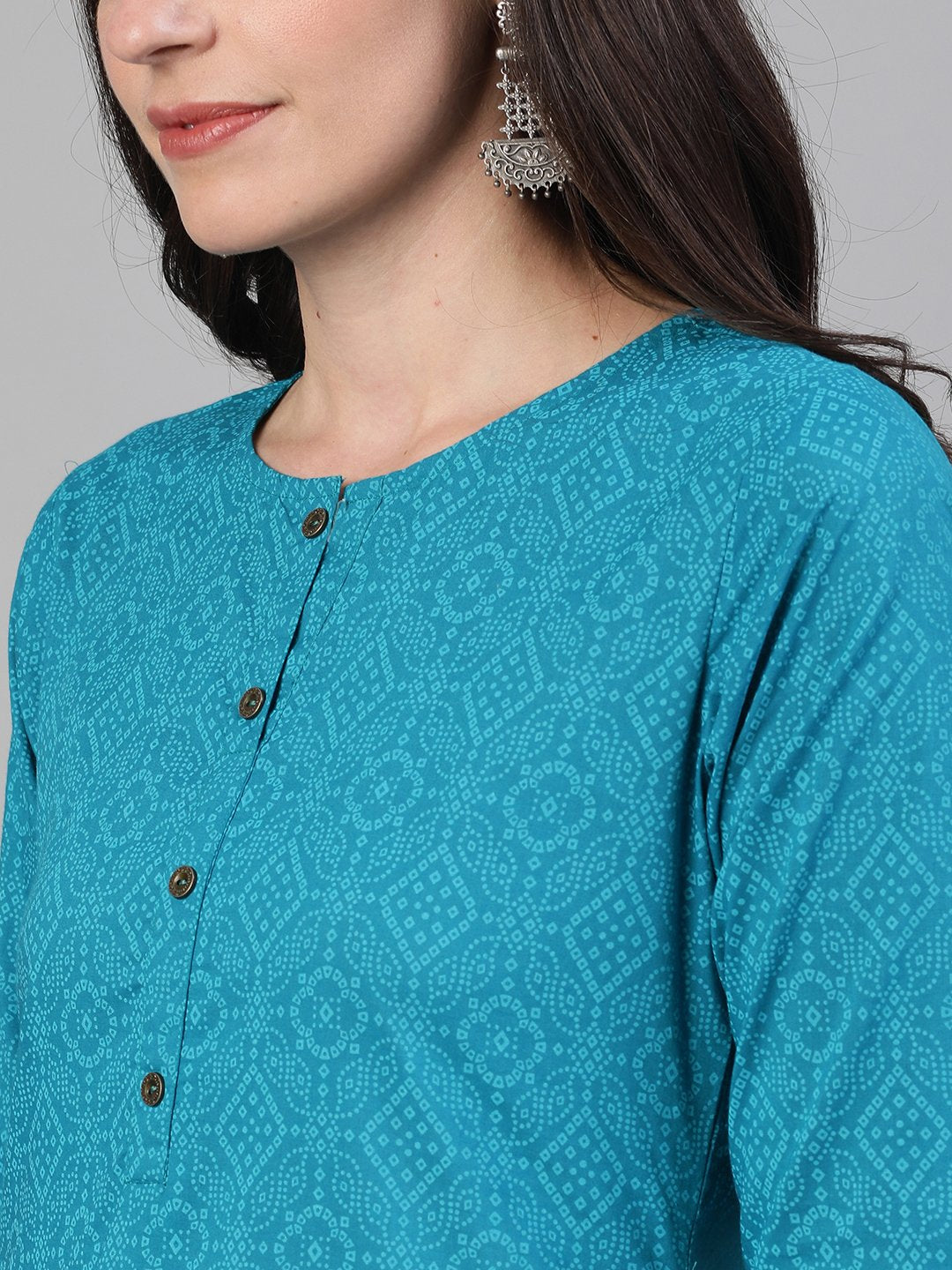 Women's Firozi Three-Quarter Sleeves Straight Kurta With Palazzo With Pockets