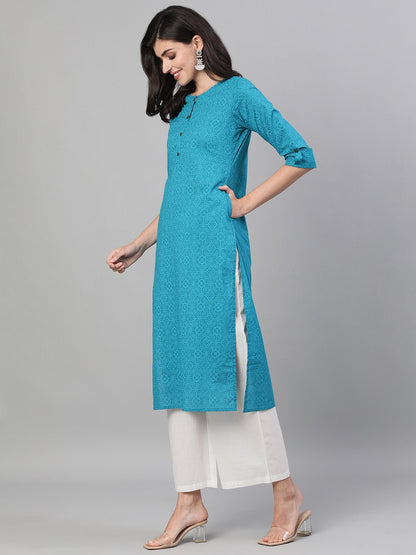 Women's Firozi Three-Quarter Sleeves Straight Kurta With Palazzo With Pockets