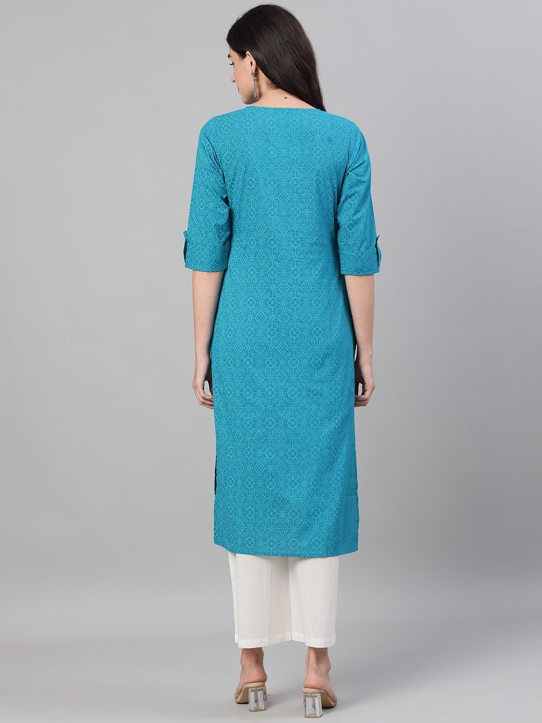 Women's Firozi Three-Quarter Sleeves Straight Kurta With Palazzo With Pockets