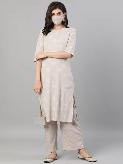 Women's Taupe Three-Quarter Sleeves Straight Kurta With Palazzo With Pockets And Face Mask