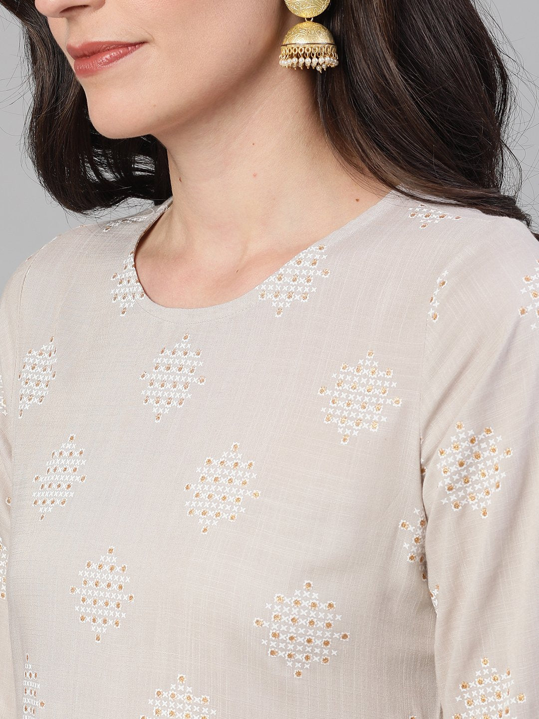 Women's Taupe Three-Quarter Sleeves Straight Kurta With Palazzo With Pockets And Face Mask
