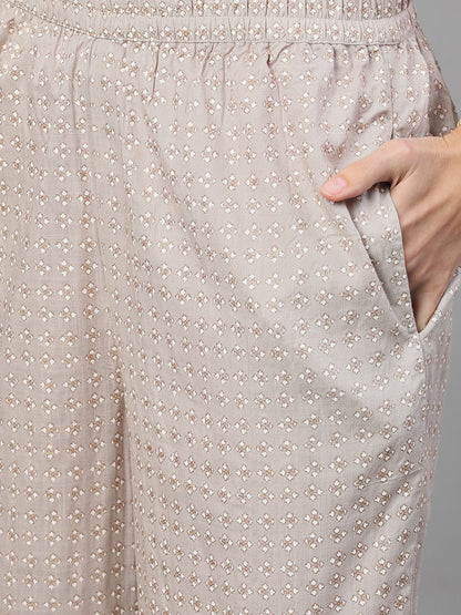 Women's Taupe Three-Quarter Sleeves Straight Kurta With Palazzo With Pockets And Face Mask