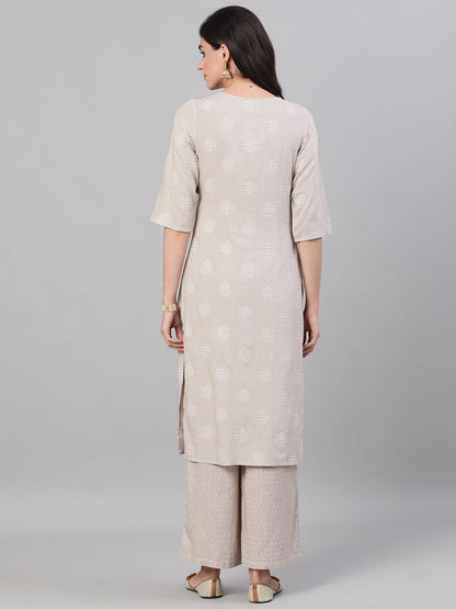 Women's Taupe Three-Quarter Sleeves Straight Kurta With Palazzo With Pockets And Face Mask