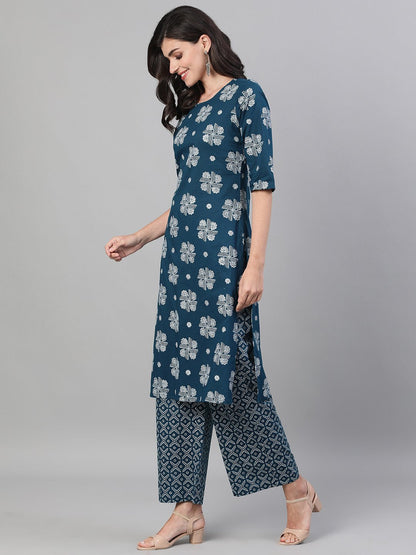 Women's Blue Three-Quarter Sleeves Straight Kurta With Palazzo With Pockets And Face Mask