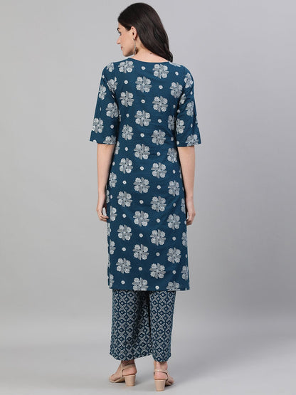 Women's Blue Three-Quarter Sleeves Straight Kurta With Palazzo With Pockets And Face Mask