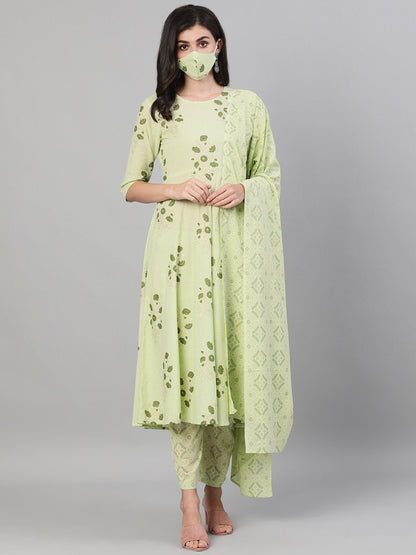 Women's Green Three-Quarter Sleeves Straight Kurta With Palazzo And Dupatta With Pockets And Face Mask