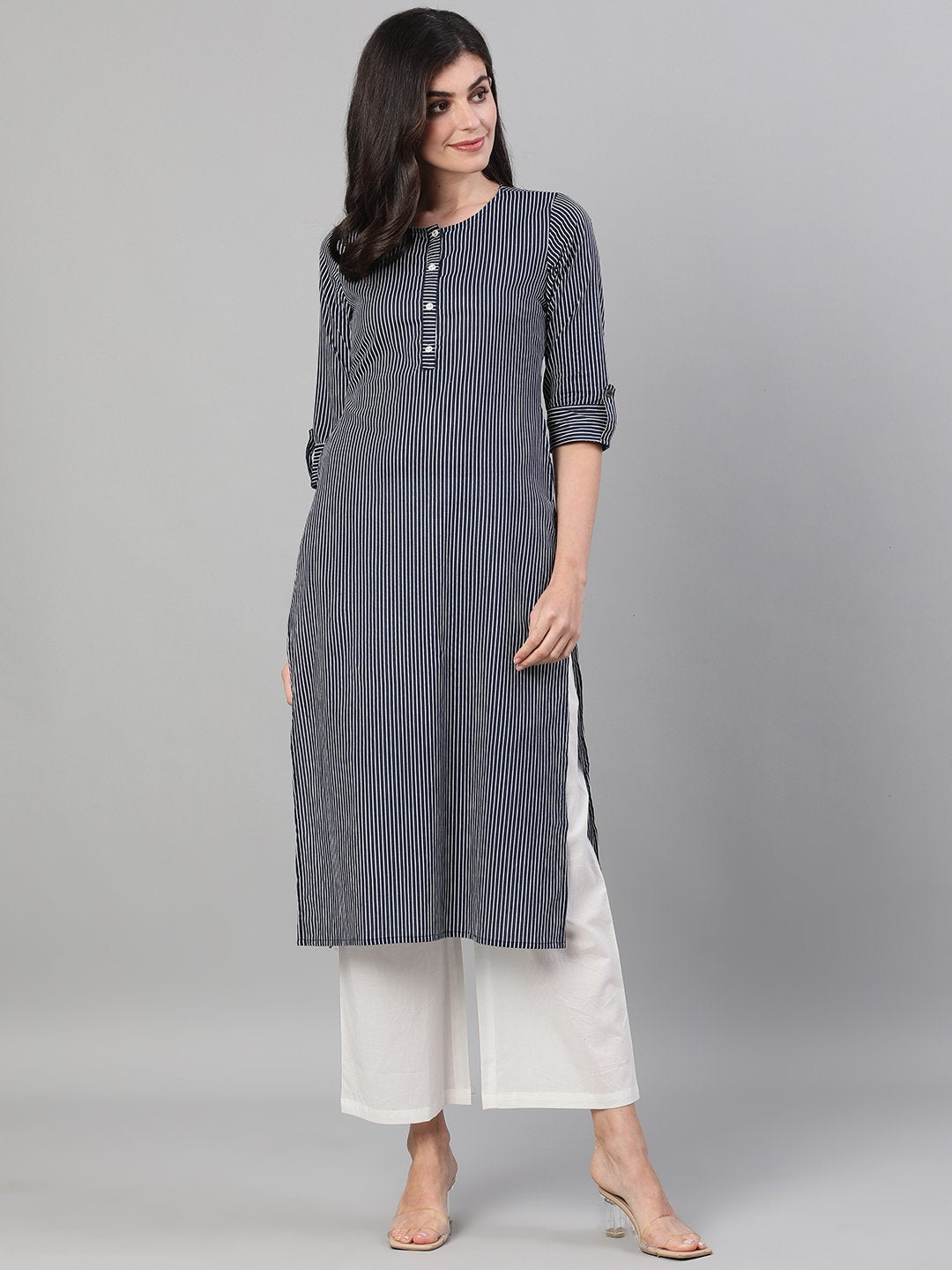 Women's Navy Blue Calf Length Three-Quarter Sleeves Straight Striped Printed Cotton Kurta With Pockets