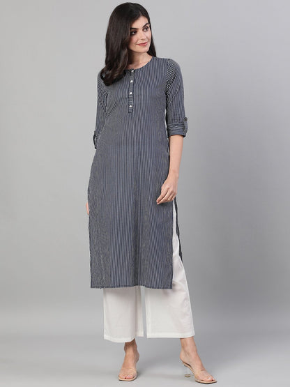 Women's Navy Blue Calf Length Three-Quarter Sleeves Straight Striped Printed Cotton Kurta With Pockets