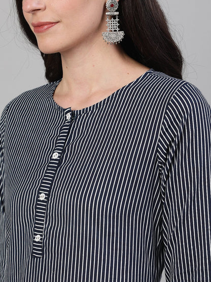 Women's Navy Blue Calf Length Three-Quarter Sleeves Straight Striped Printed Cotton Kurta With Pockets