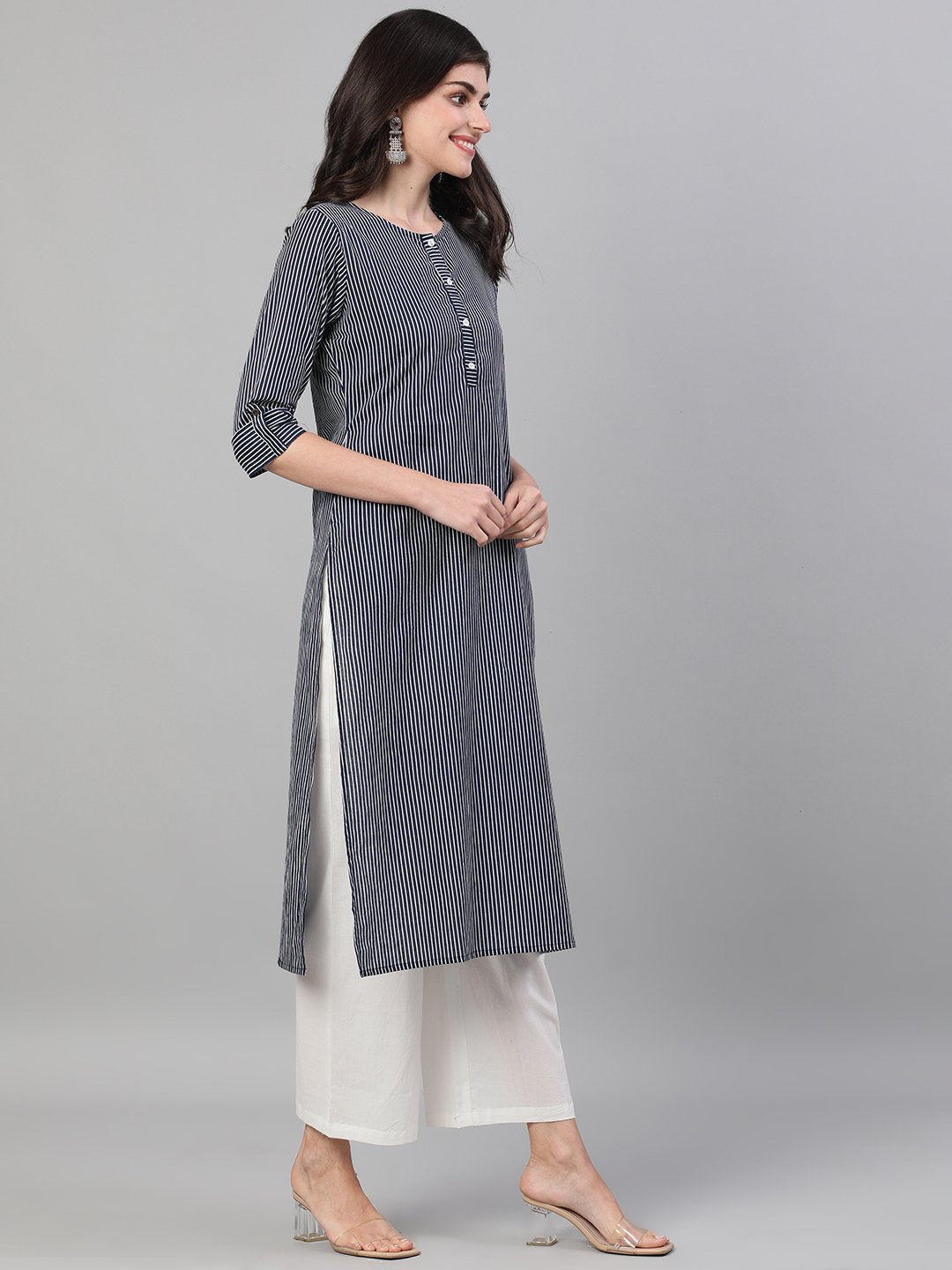 Women's Navy Blue Calf Length Three-Quarter Sleeves Straight Striped Printed Cotton Kurta With Pockets