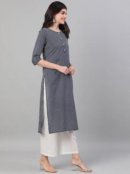 Women's Navy Blue Calf Length Three-Quarter Sleeves Straight Striped Printed Cotton Kurta With Pockets