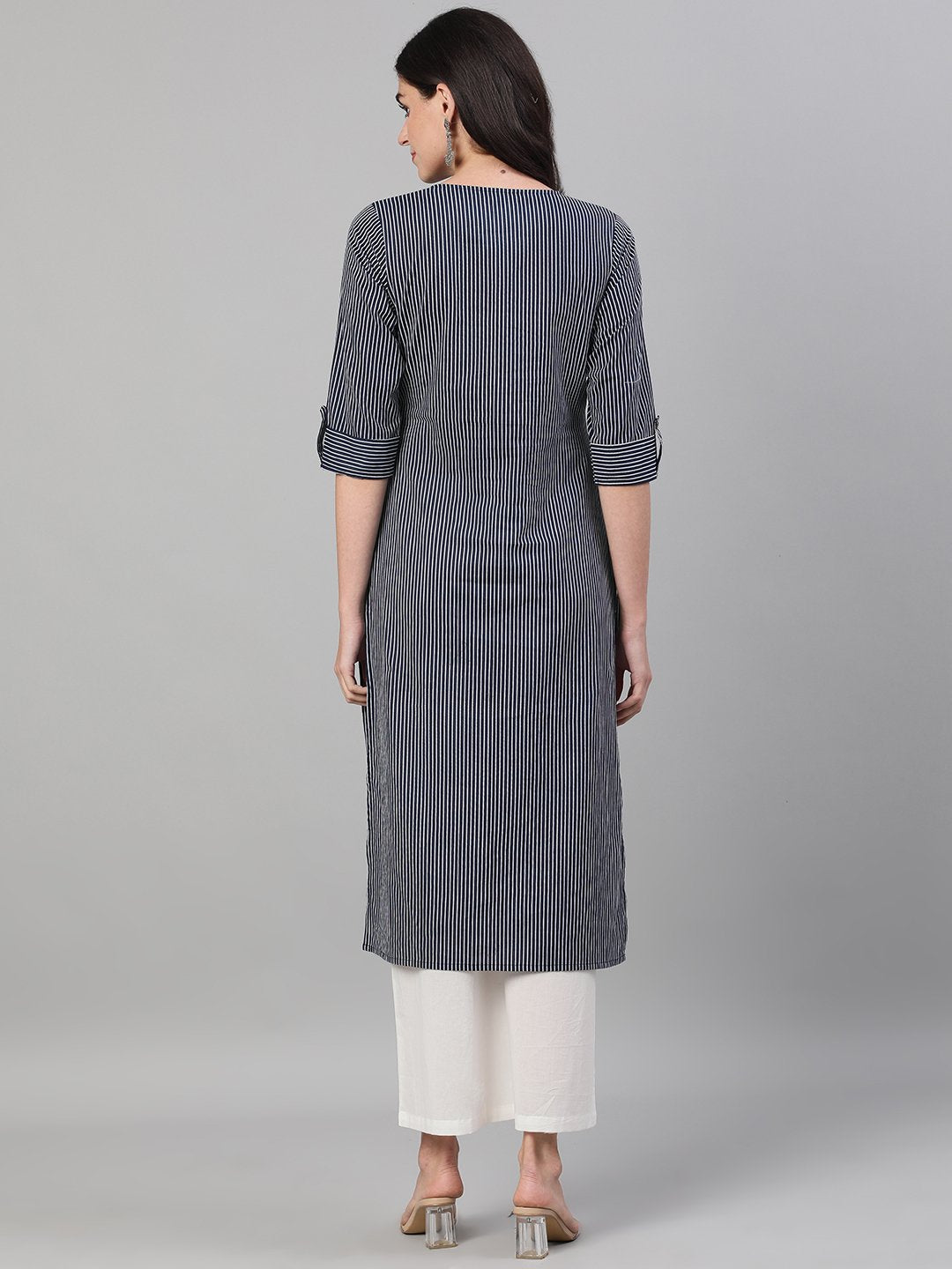 Women's Navy Blue Calf Length Three-Quarter Sleeves Straight Striped Printed Cotton Kurta With Pockets