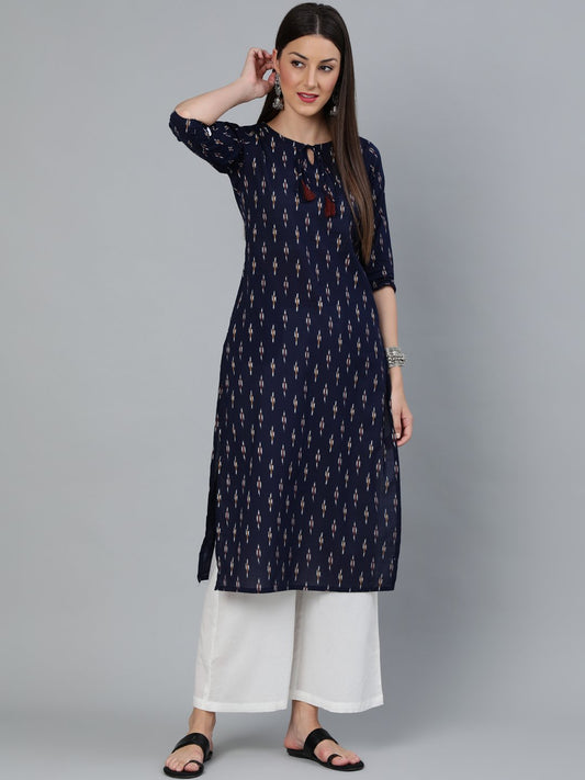 Women's Navy Blue Ikat Printed Straight Kurta With Off White Plazo