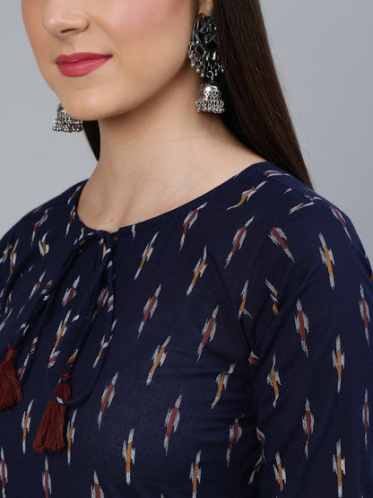 Women's Navy Blue Ikat Printed Straight Kurta With Three Quarters Sleeves