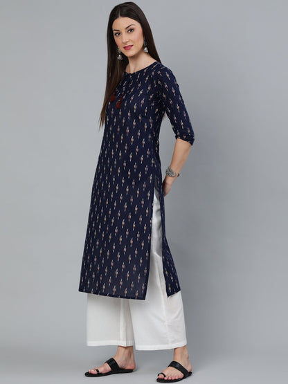 Women's Navy Blue Ikat Printed Straight Kurta With Off White Plazo