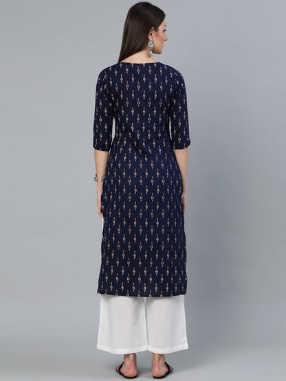Women's Navy Blue Ikat Printed Straight Kurta With Off White Plazo
