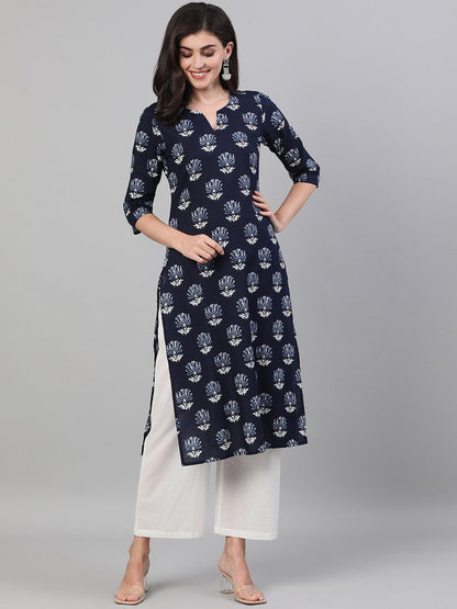 Women's Indigo Calf Length Three-Quarter Sleeves Straight Floral Printed Cotton Kurta With Pockets And Face Mask