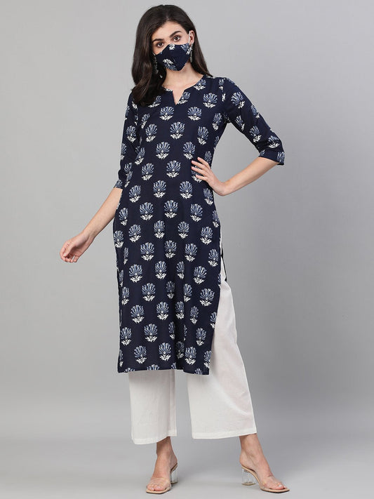 Women's Indigo Three-Quarter Sleeves Straight Kurta With Palazzo With Pockets And Face Mask