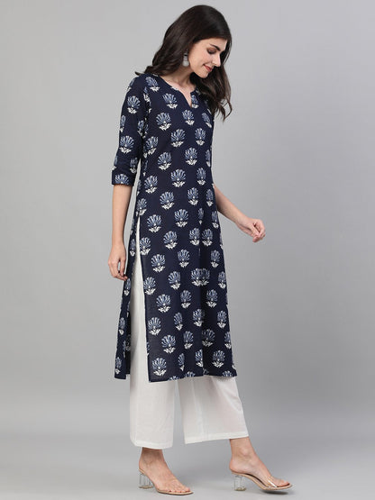Women's Indigo Three-Quarter Sleeves Straight Kurta With Palazzo With Pockets And Face Mask