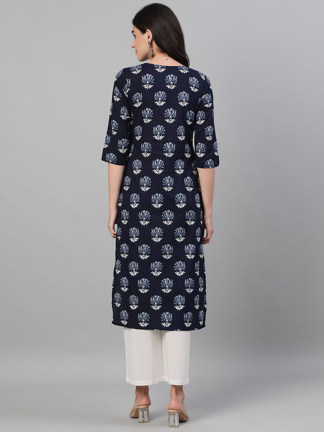 Women's Indigo Three-Quarter Sleeves Straight Kurta With Palazzo With Pockets And Face Mask