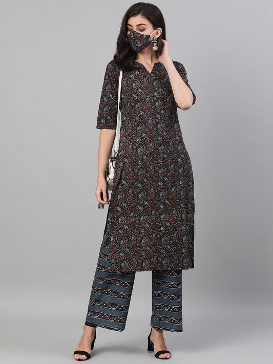 Women's Brown And Blue Three-Quarter Sleeves Straight Kurta With Palazzo With Pockets And Face Mask