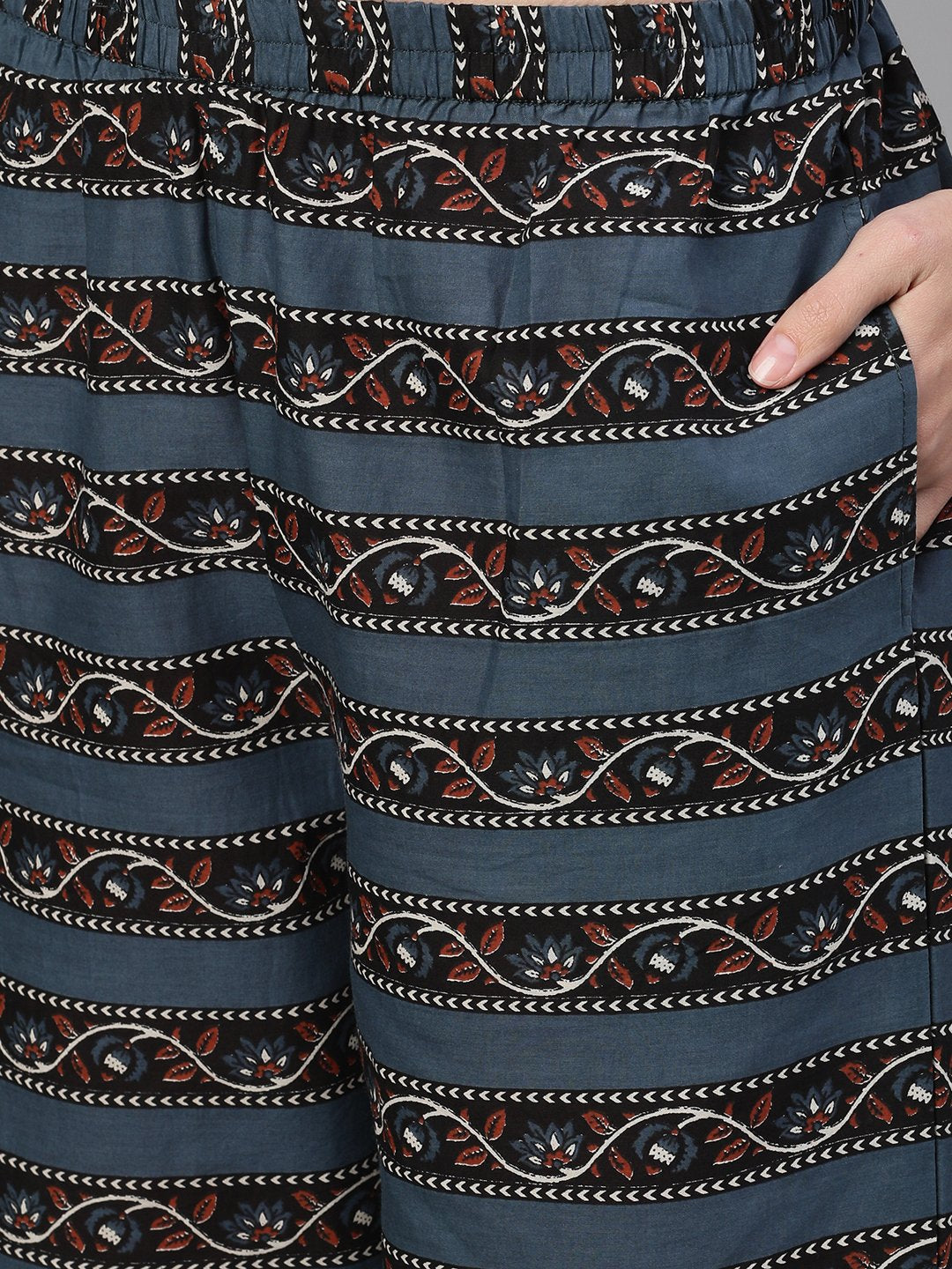 Women's Brown And Blue Three-Quarter Sleeves Straight Kurta With Palazzo With Pockets And Face Mask