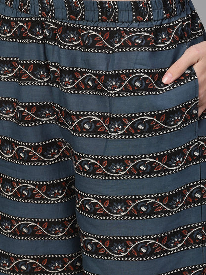 Women's Brown And Blue Three-Quarter Sleeves Straight Kurta With Palazzo With Pockets And Face Mask