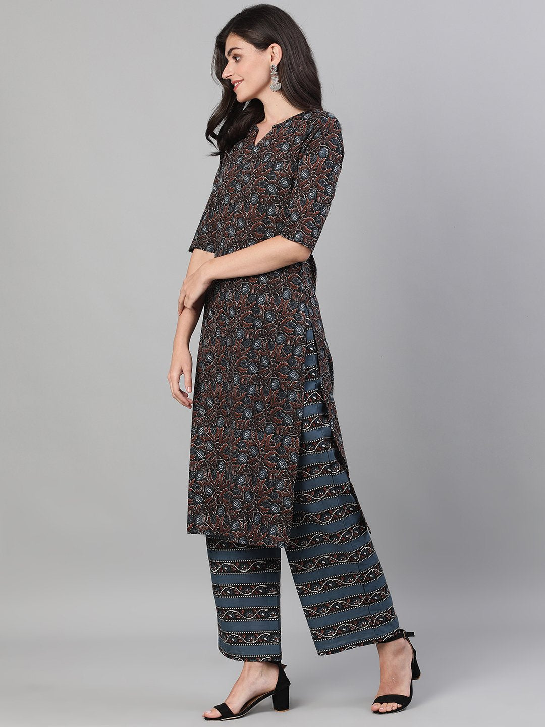 Women's Brown And Blue Three-Quarter Sleeves Straight Kurta With Palazzo With Pockets And Face Mask