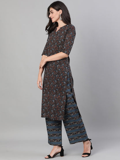 Women's Brown And Blue Three-Quarter Sleeves Straight Kurta With Palazzo With Pockets And Face Mask