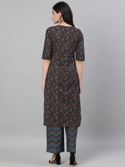 Women's Brown And Blue Three-Quarter Sleeves Straight Kurta With Palazzo With Pockets And Face Mask