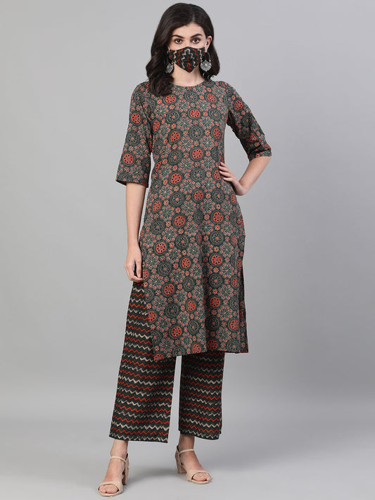 Women's Green And Orange Three-Quarter Sleeves Straight Kurta With Palazzo With Pockets And Face Mask