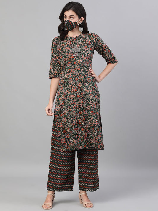 Women's Green And Orange Three-Quarter Sleeves Straight Kurta With Palazzo With Pockets And Face Mask