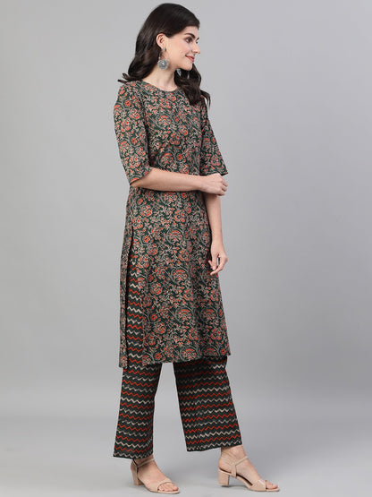 Women's Green And Orange Three-Quarter Sleeves Straight Kurta With Palazzo With Pockets And Face Mask