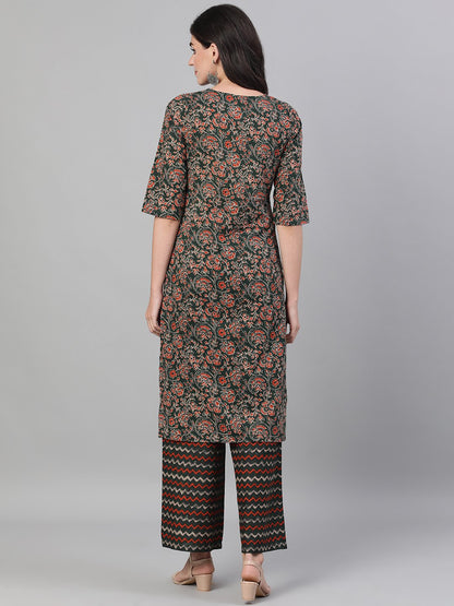 Women's Green And Orange Three-Quarter Sleeves Straight Kurta With Palazzo With Pockets And Face Mask