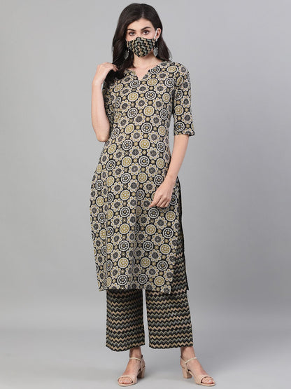 Women's Black And Greenthree-Quarter Sleeves Straight Kurta With Palazzo With Pockets And Face Mask