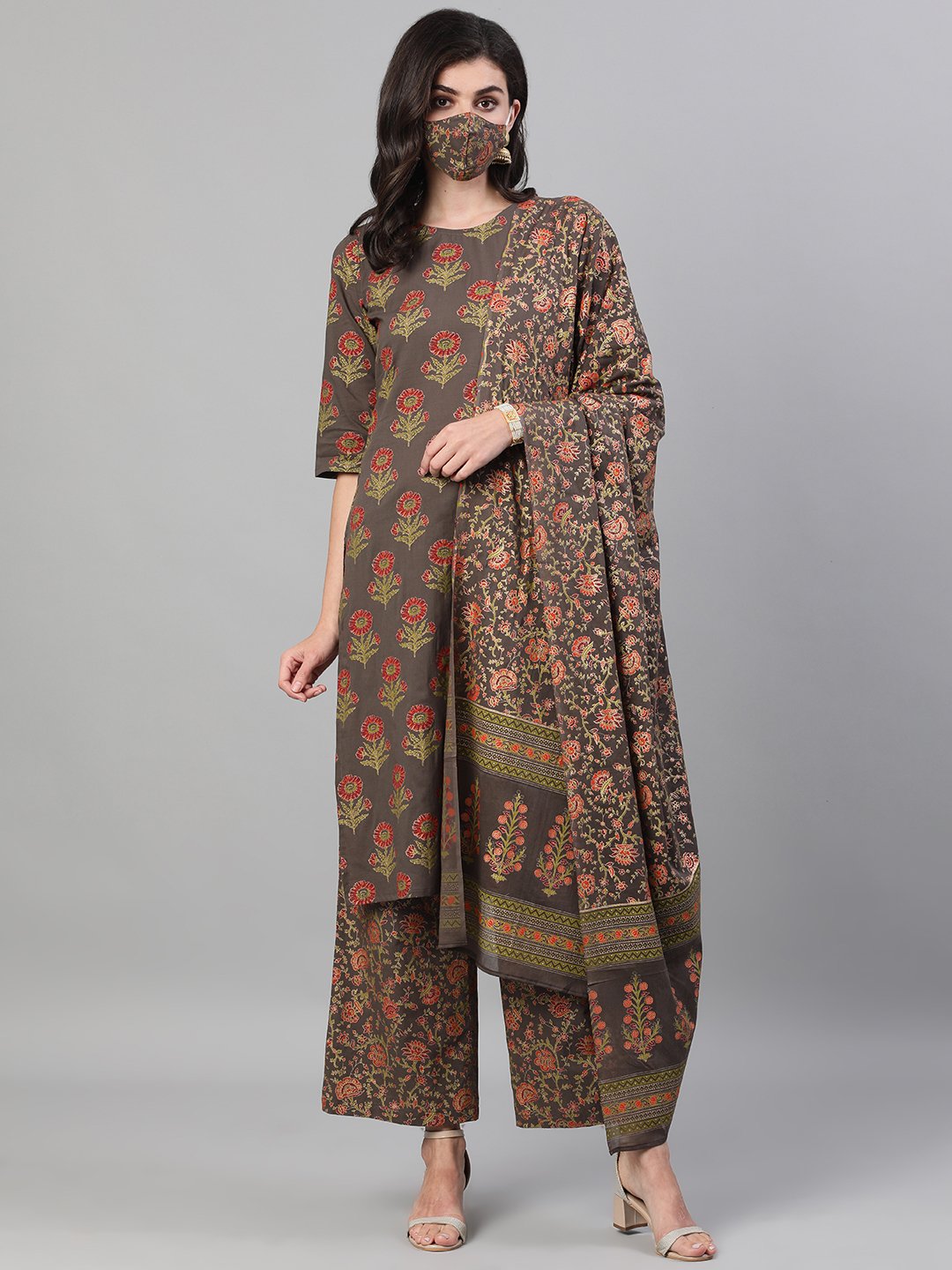 Women's Grey And Orange Gold Printed Three-Quarter Sleeves Straight Kurta With Palazzo And Dupatta With Pockets And Face Mask