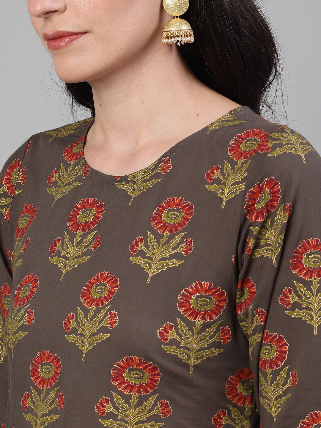 Women's Grey And Orange Gold Printed Three-Quarter Sleeves Straight Kurta With Palazzo And Dupatta With Pockets And Face Mask