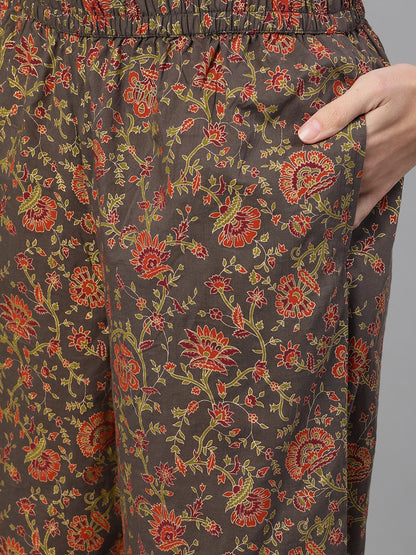 Women's Grey And Orange Gold Printed Three-Quarter Sleeves Straight Kurta With Palazzo And Dupatta With Pockets And Face Mask