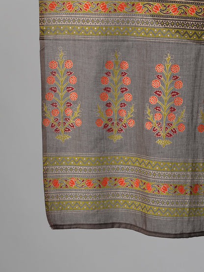 Women's Grey And Orange Gold Printed Three-Quarter Sleeves Straight Kurta With Palazzo And Dupatta With Pockets And Face Mask