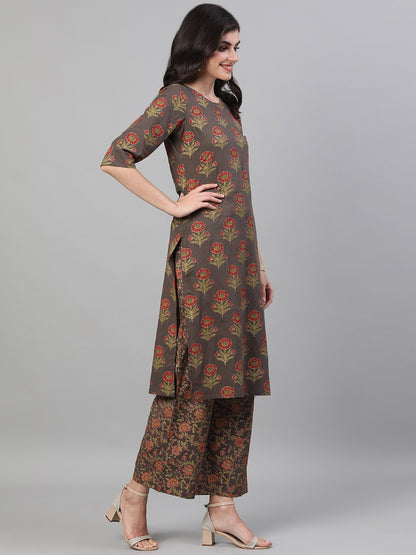 Women's Grey And Orange Gold Printed Three-Quarter Sleeves Straight Kurta With Palazzo And Dupatta With Pockets And Face Mask