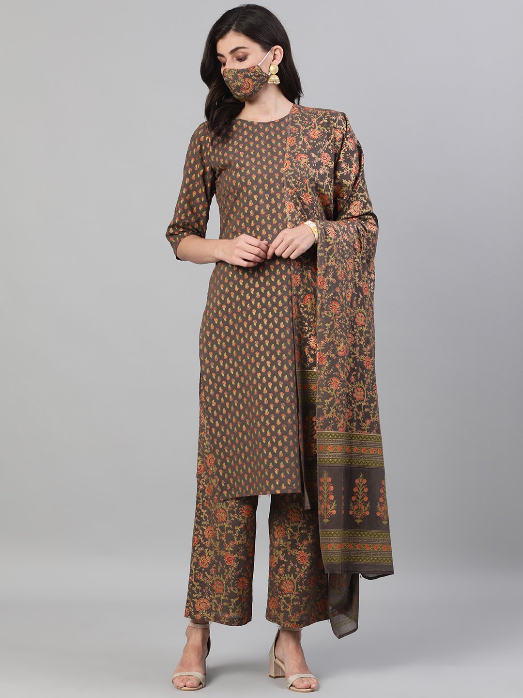 Women's Grey And Orange Gold Printed Three-Quarter Sleeves Straight Kurta With Palazzo And Dupatta With Pockets And Face Mask