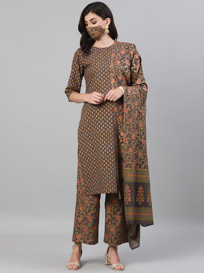Women's Grey And Orange Gold Printed Three-Quarter Sleeves Straight Kurta With Palazzo And Dupatta With Pockets And Face Mask